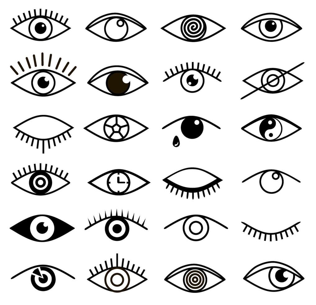 Eyes and eye icon set. Outline eye icons. Open and closed eyes images, sleeping eye shapes with eyelash, supervision and searching signs. Human vision vector