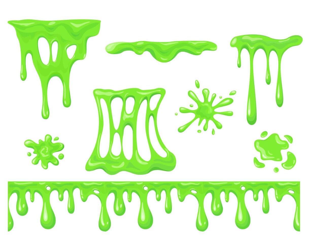 Cartoon slime dripping. Mucus green goo drip sticky slimy mucus, liquid splash splatter, viscous snot, blob poison, splodge vector