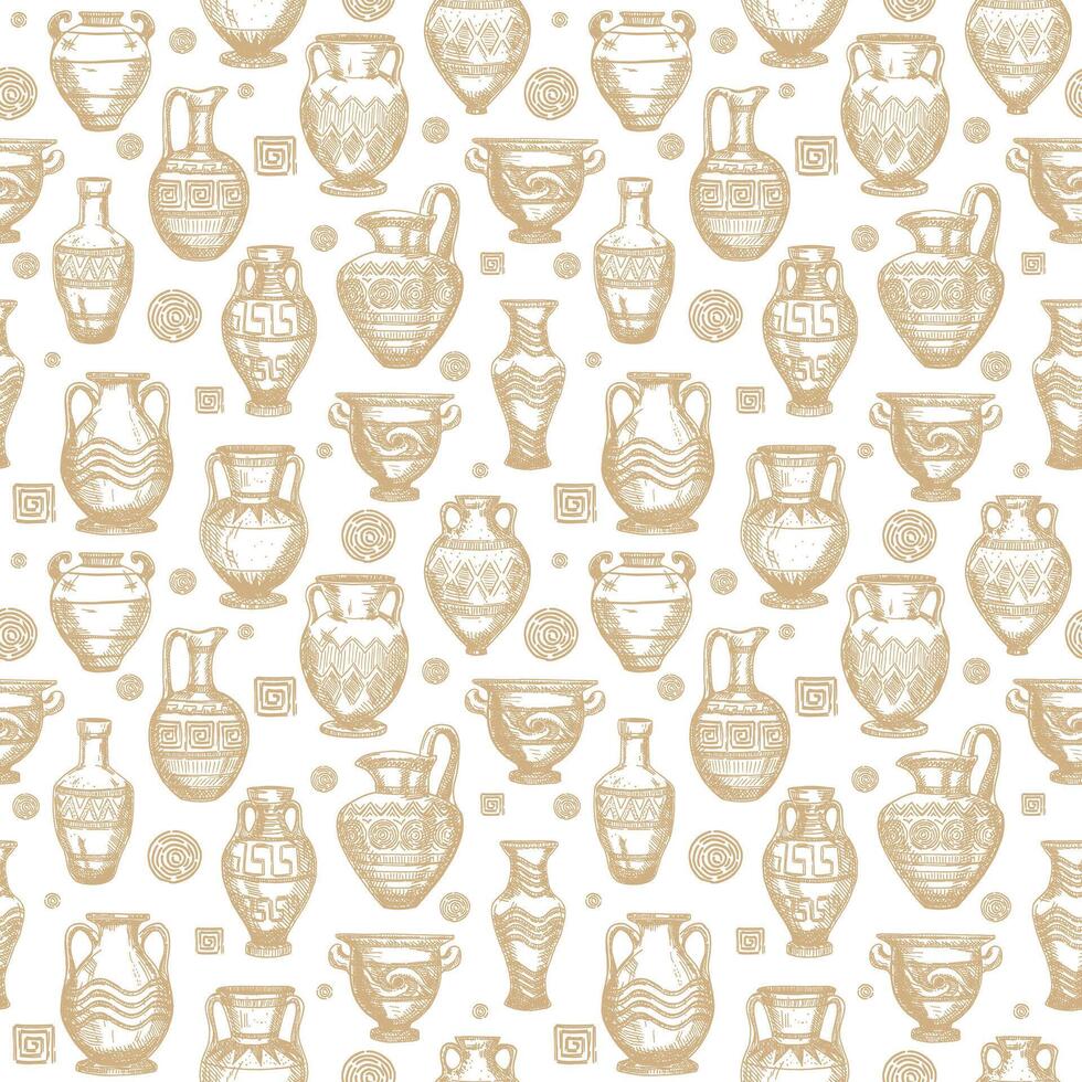 Seamless pattern with antique vases sketch. Set of clay crockery. Decorative seamless pattern with terracotta vases of different shapes and sizes vector