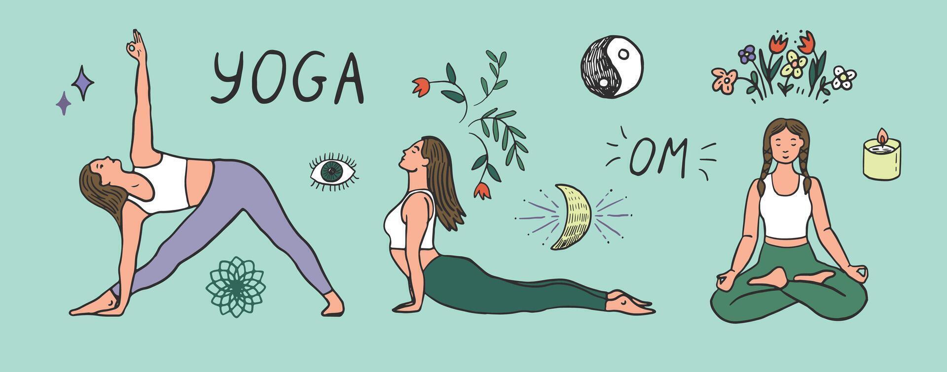 Yoga woman doode illustrations set vector