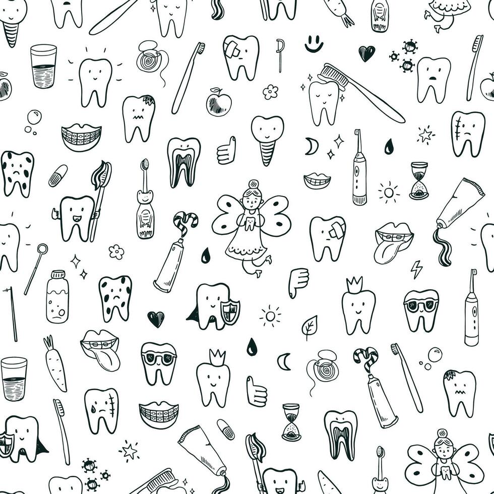 Dental care doodle set. Illustration in cartoon style. seamless pattern vector