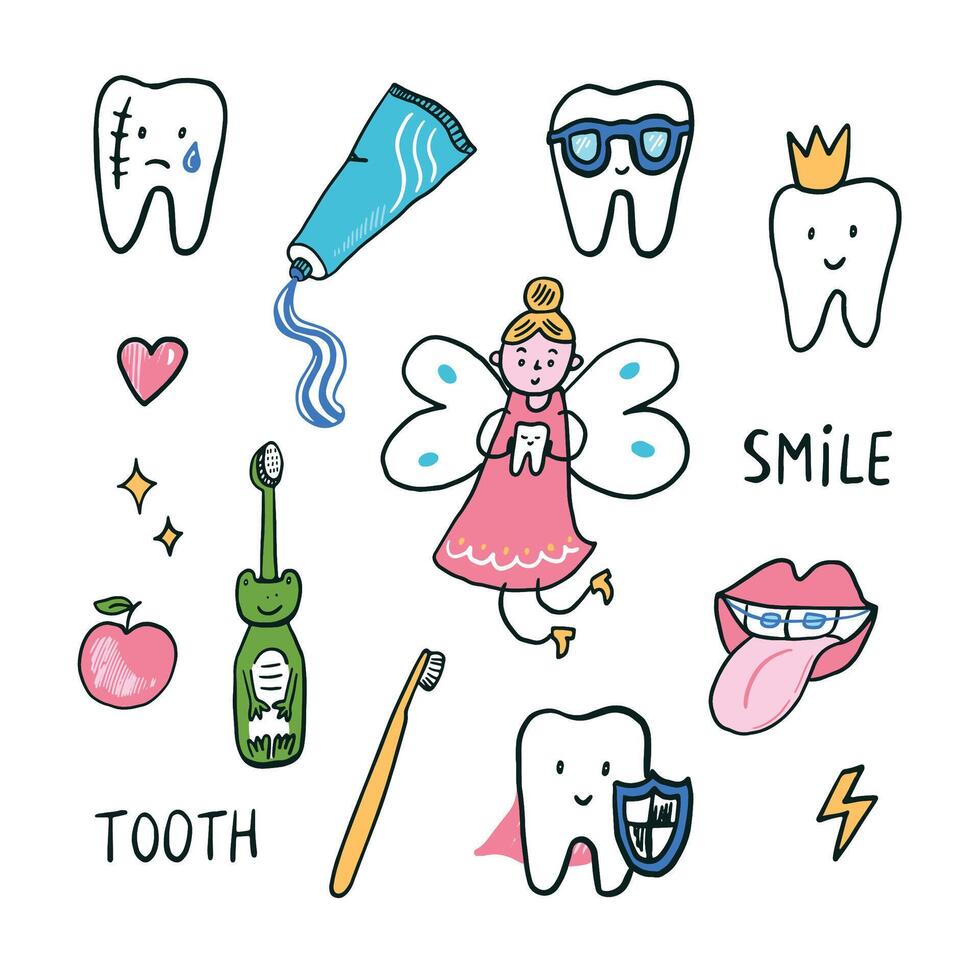 Dental care doodle set. Illustration in cartoon style. vector