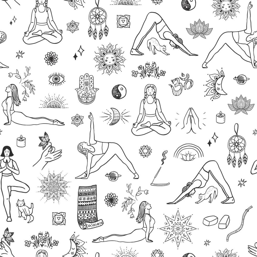 Yoga woman doodle seamless pattern. vector