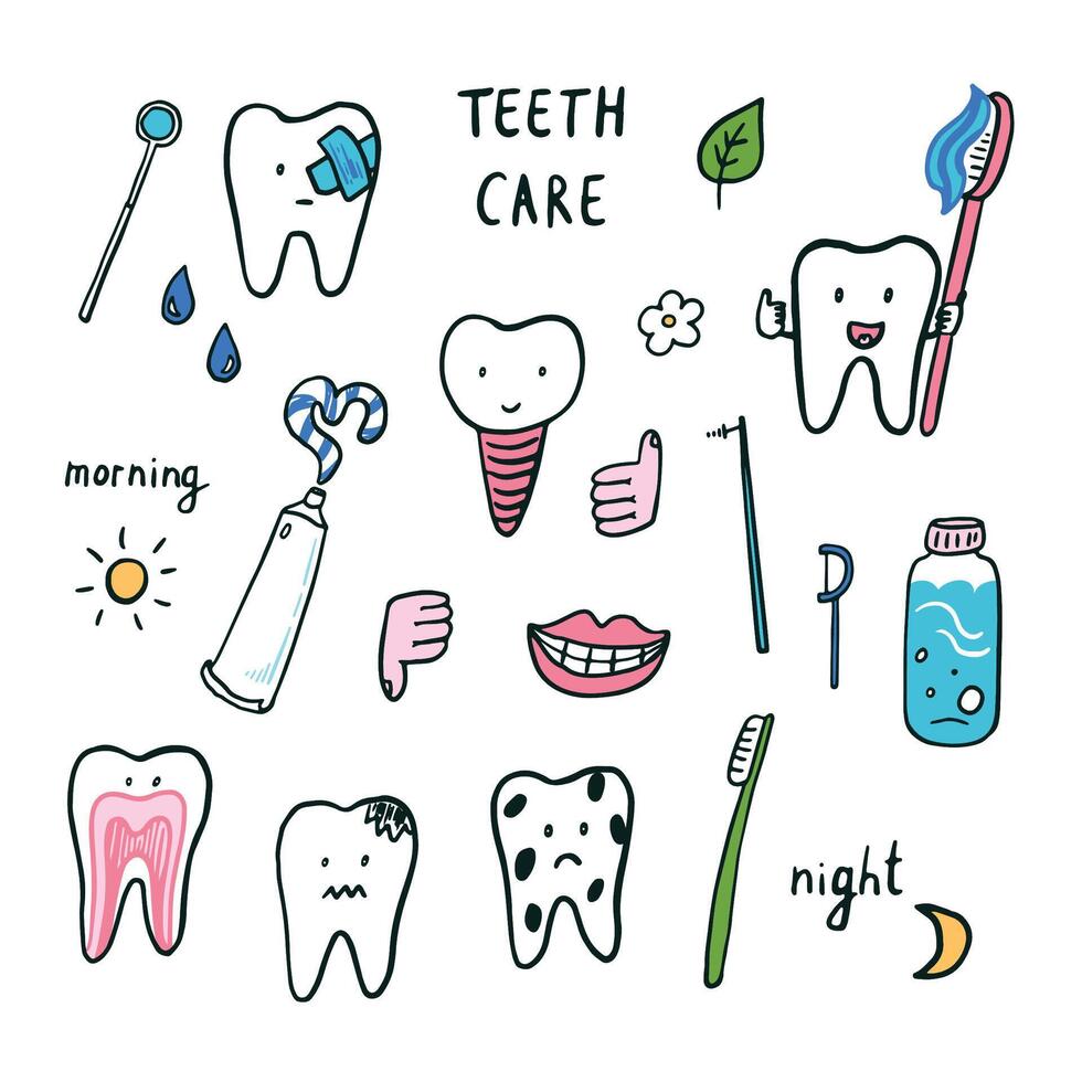 Dental care doodle set. Illustration in cartoon style. vector