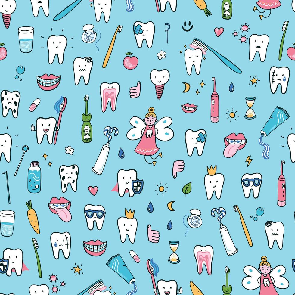 Dental care doodle set. Illustration in cartoon style. seamless pattern vector