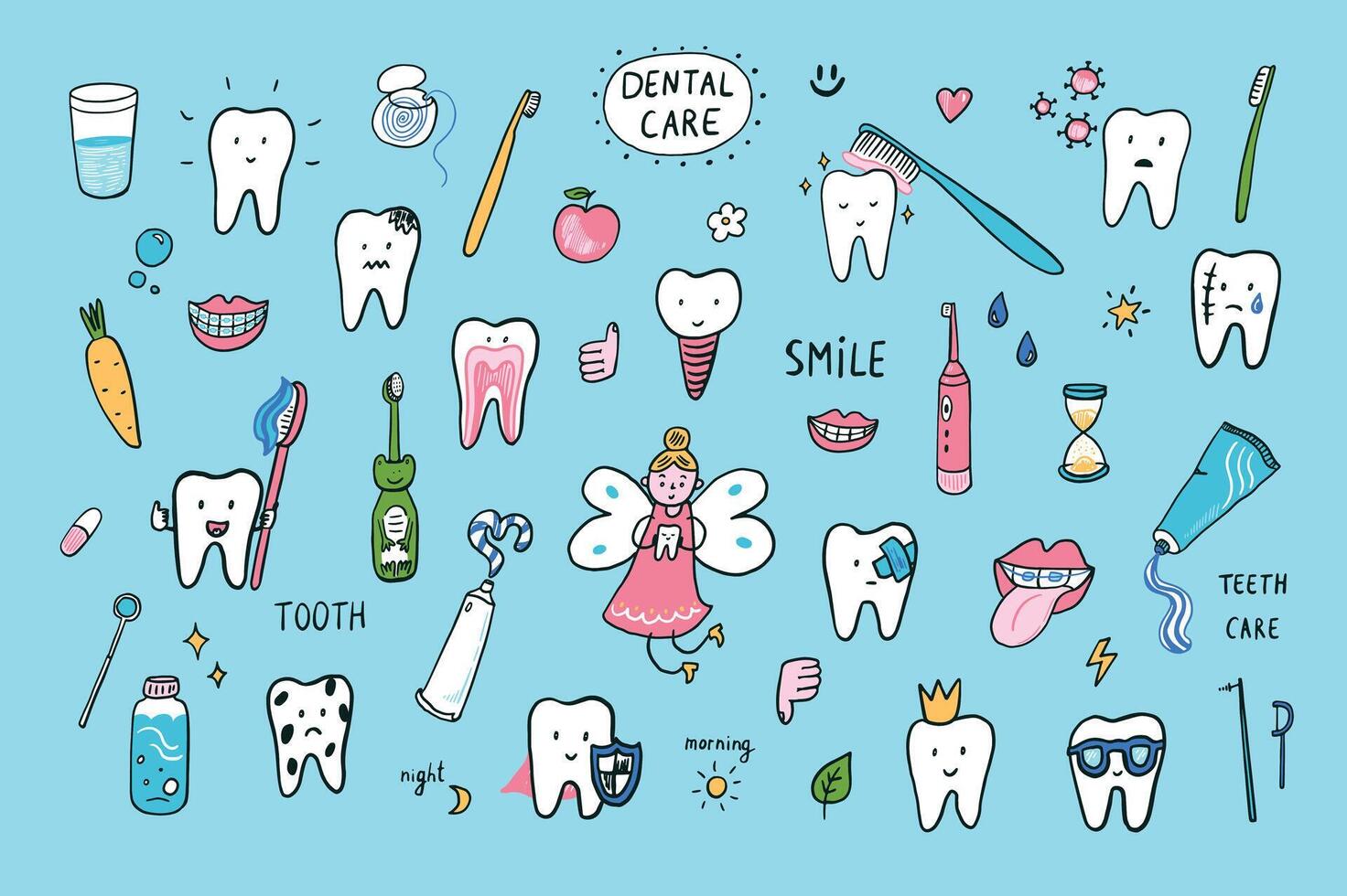 Dental care doodle set. Illustration in cartoon style. vector