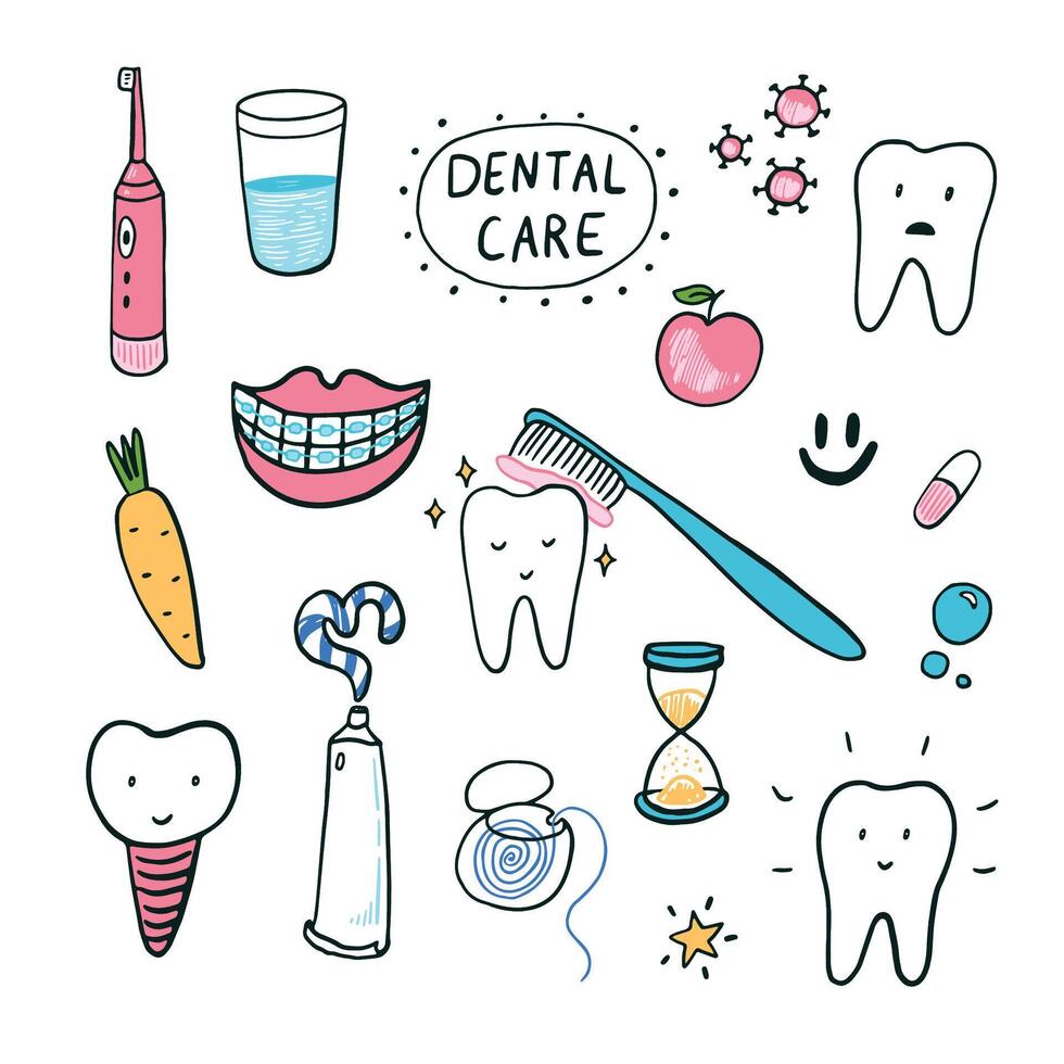 Dental care doodle set. Illustration in cartoon style. vector