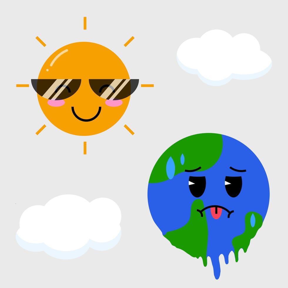 Earth and sun character climate change hot weather vector