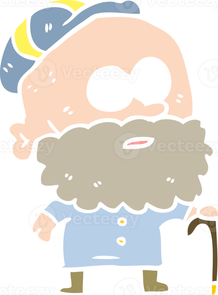 viejo hombre de dibujos animados de estilo de color plano con bastón y gorra plana png