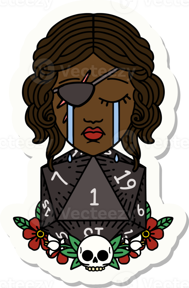 crying human rogue with natural one d20 roll sticker png