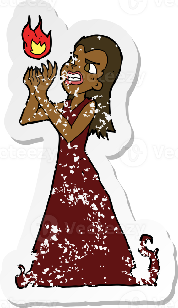 retro distressed sticker of a cartoon witch woman casting spell png