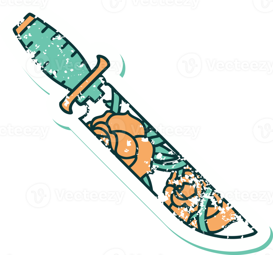 distressed sticker tattoo style icon of a dagger and flowers png