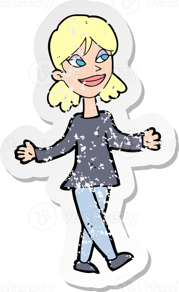 retro distressed sticker of a cartoon woman with no worries png