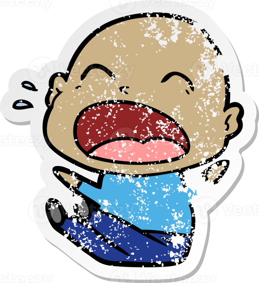 distressed sticker of a cartoon shouting bald man png