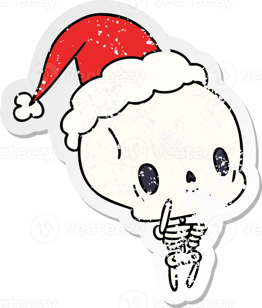 christmas distressed sticker cartoon of kawaii skeleton png