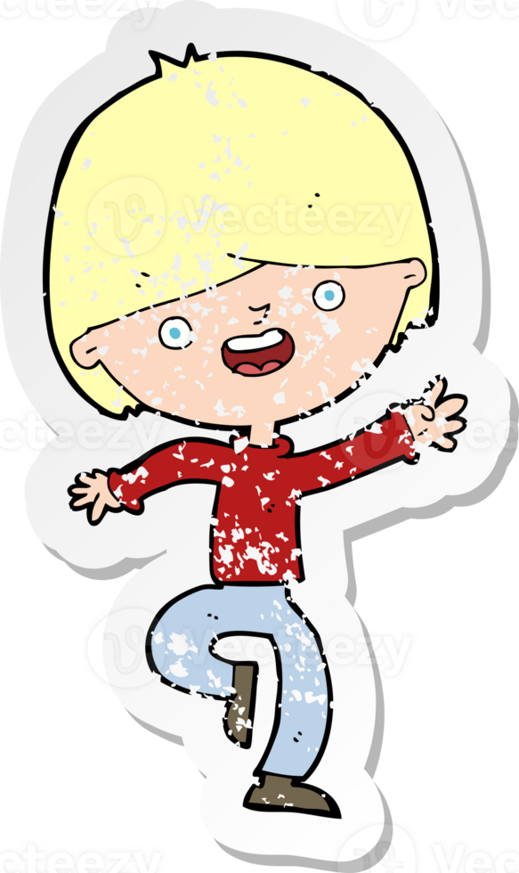 retro distressed sticker of a cartoon happy boy dancing png