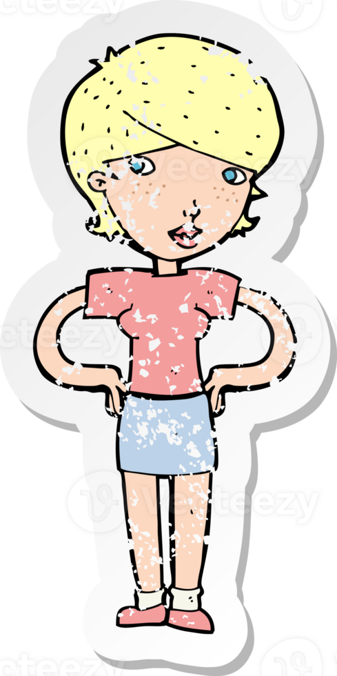 retro distressed sticker of a cartoon woman with hands on hips png