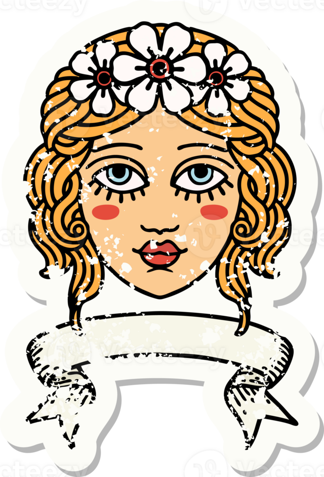 grunge sticker with banner of female face with crown of flowers png