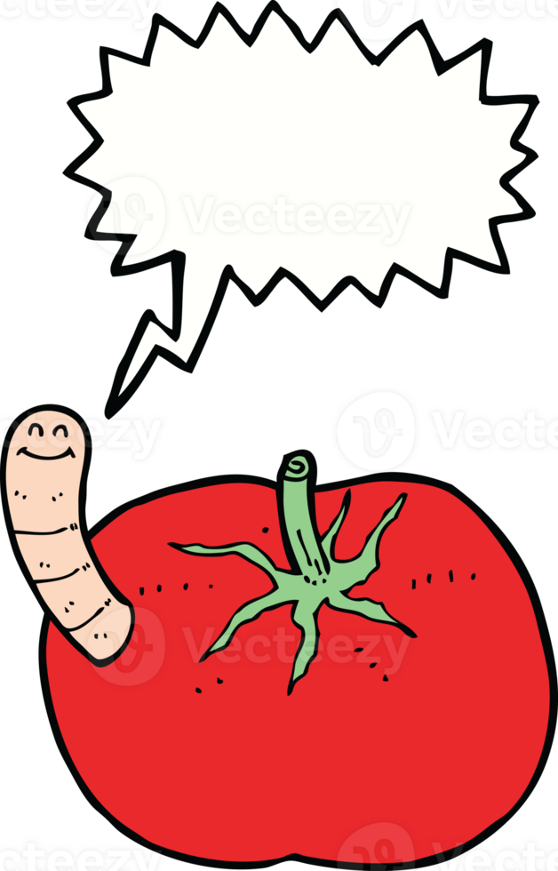 cartoon tomato with worm with speech bubble png