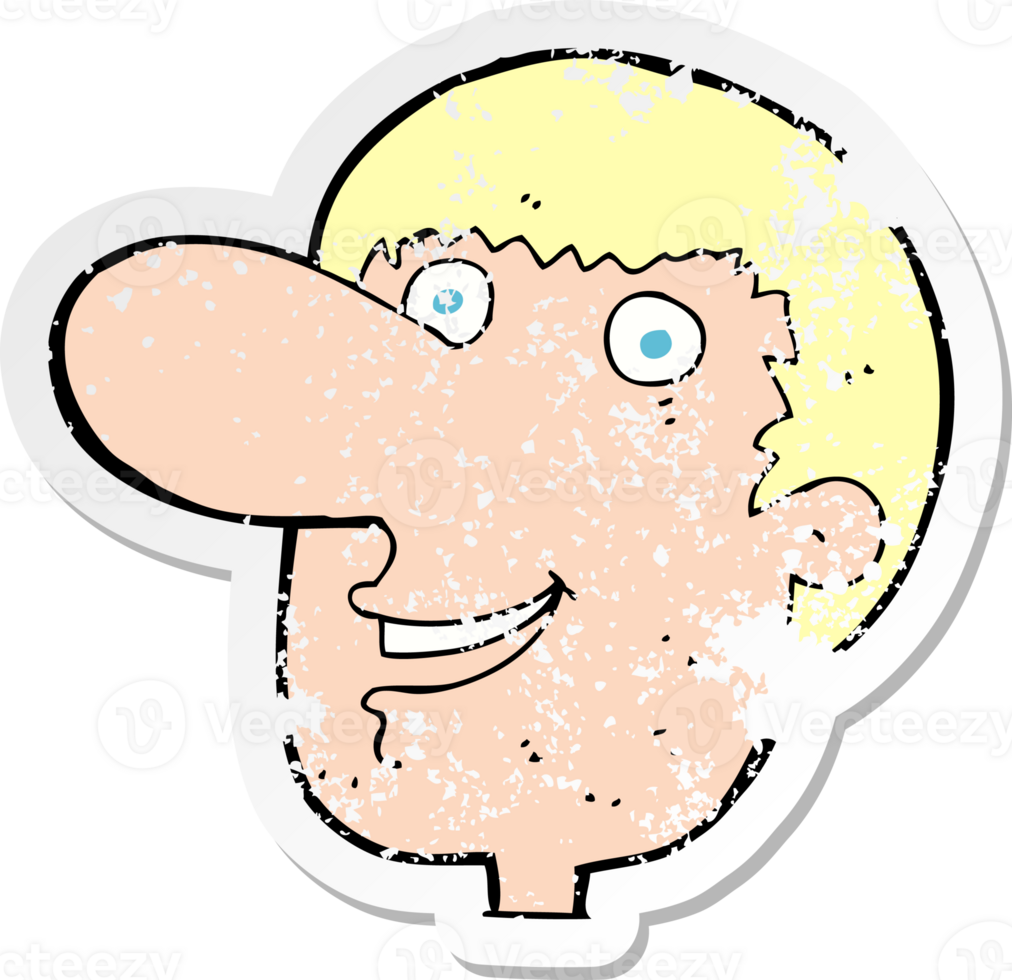 retro distressed sticker of a cartoon happy male face png