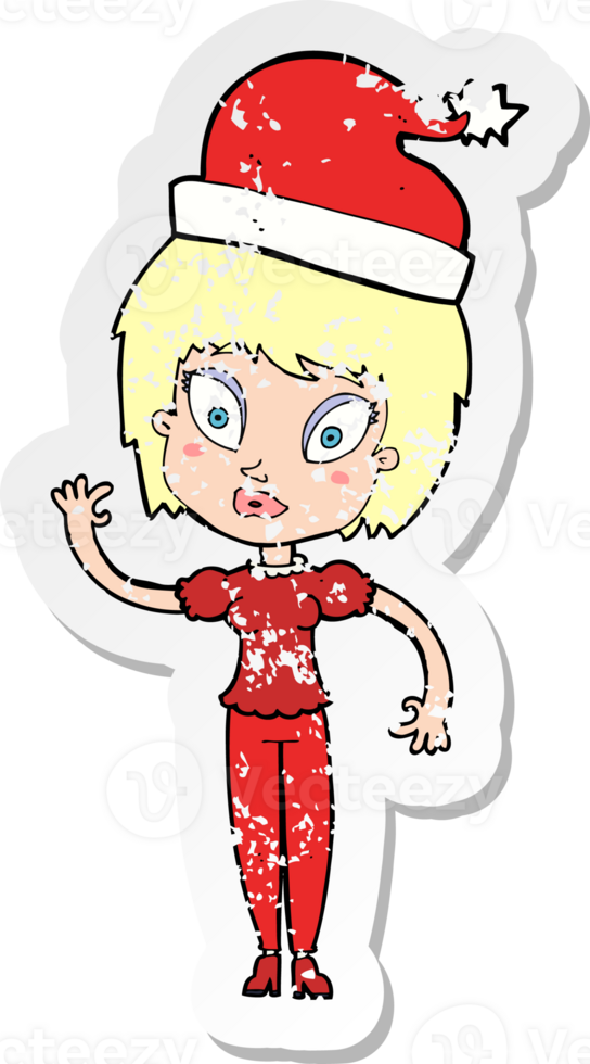 retro distressed sticker of a cartoon woman ready for christmas png