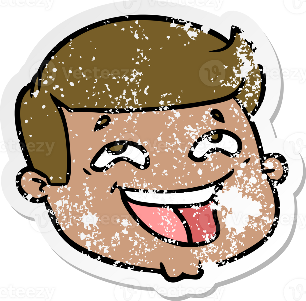 distressed sticker of a happy cartoon male face png