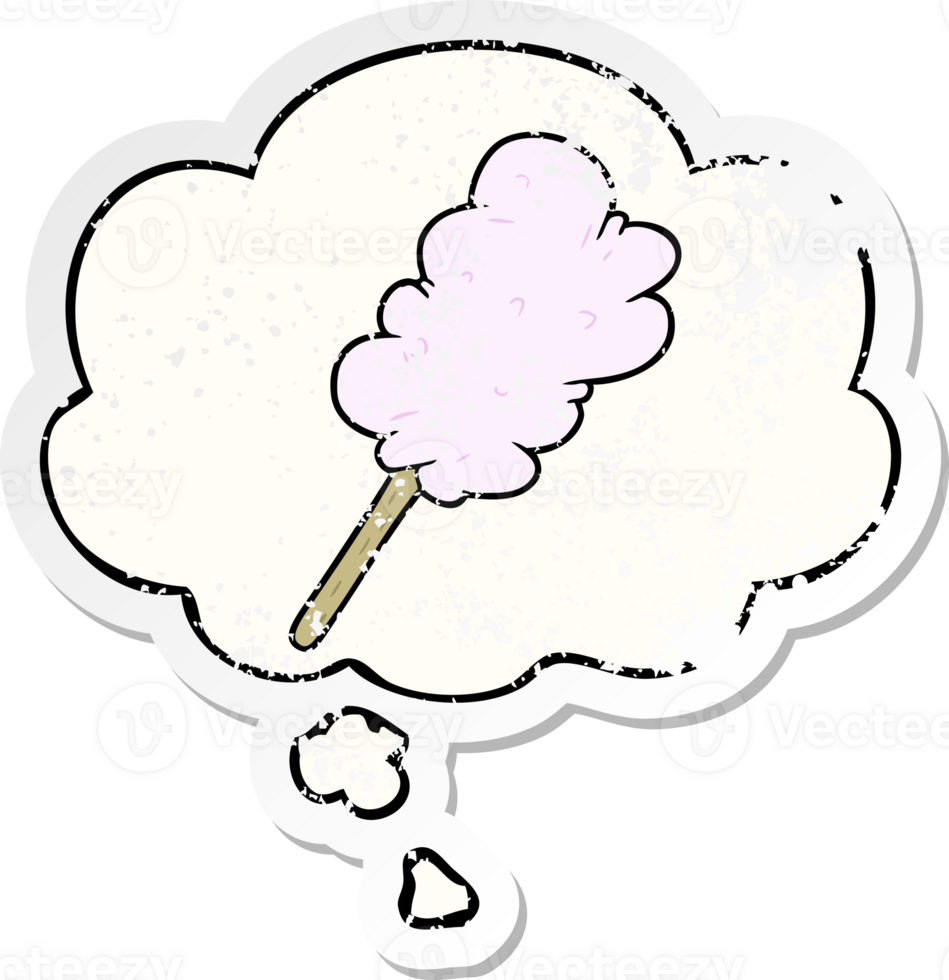 cartoon candy floss with thought bubble as a distressed worn sticker png