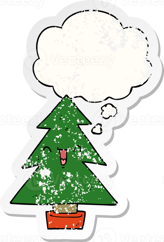 cartoon christmas tree with thought bubble as a distressed worn sticker png