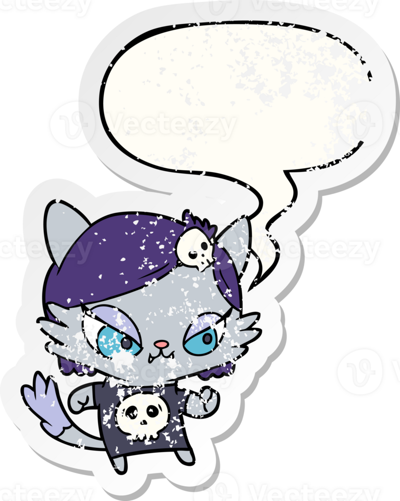 cute cartoon tough cat girl with speech bubble distressed distressed old sticker png