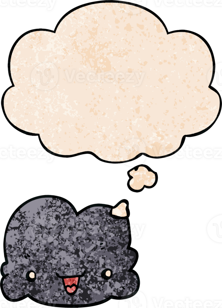 cartoon tiny happy cloud with thought bubble in grunge texture style png