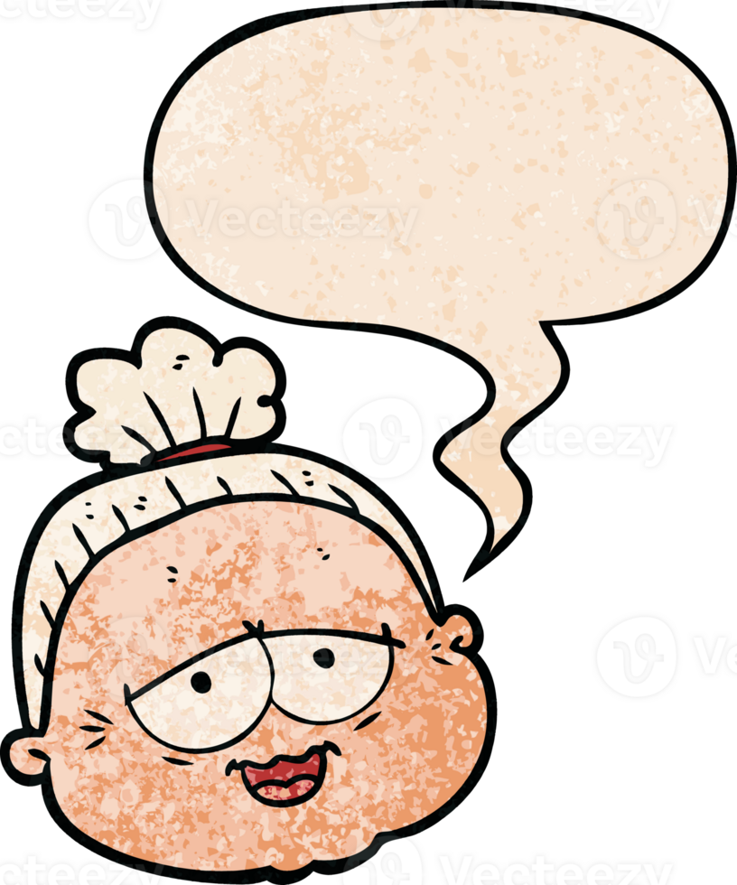cartoon old lady with speech bubble in retro texture style png