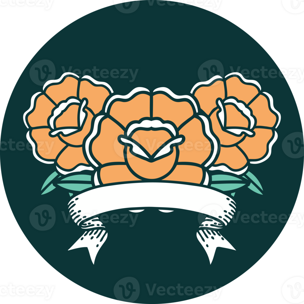 tattoo style icon with banner of a bouquet of flowers png
