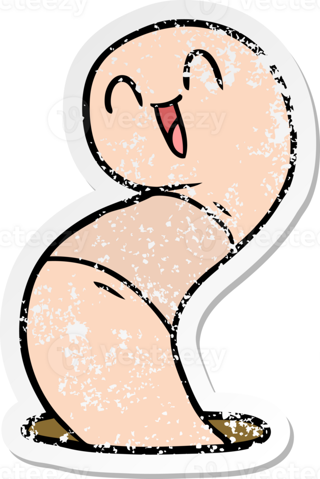 distressed sticker of a cartoon happy worm png