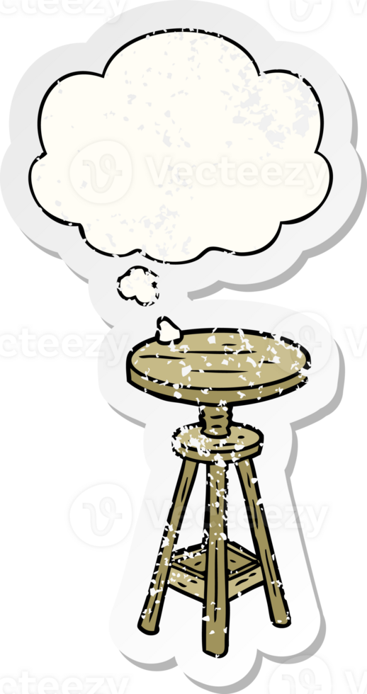 cartoon artist stool with thought bubble as a distressed worn sticker png