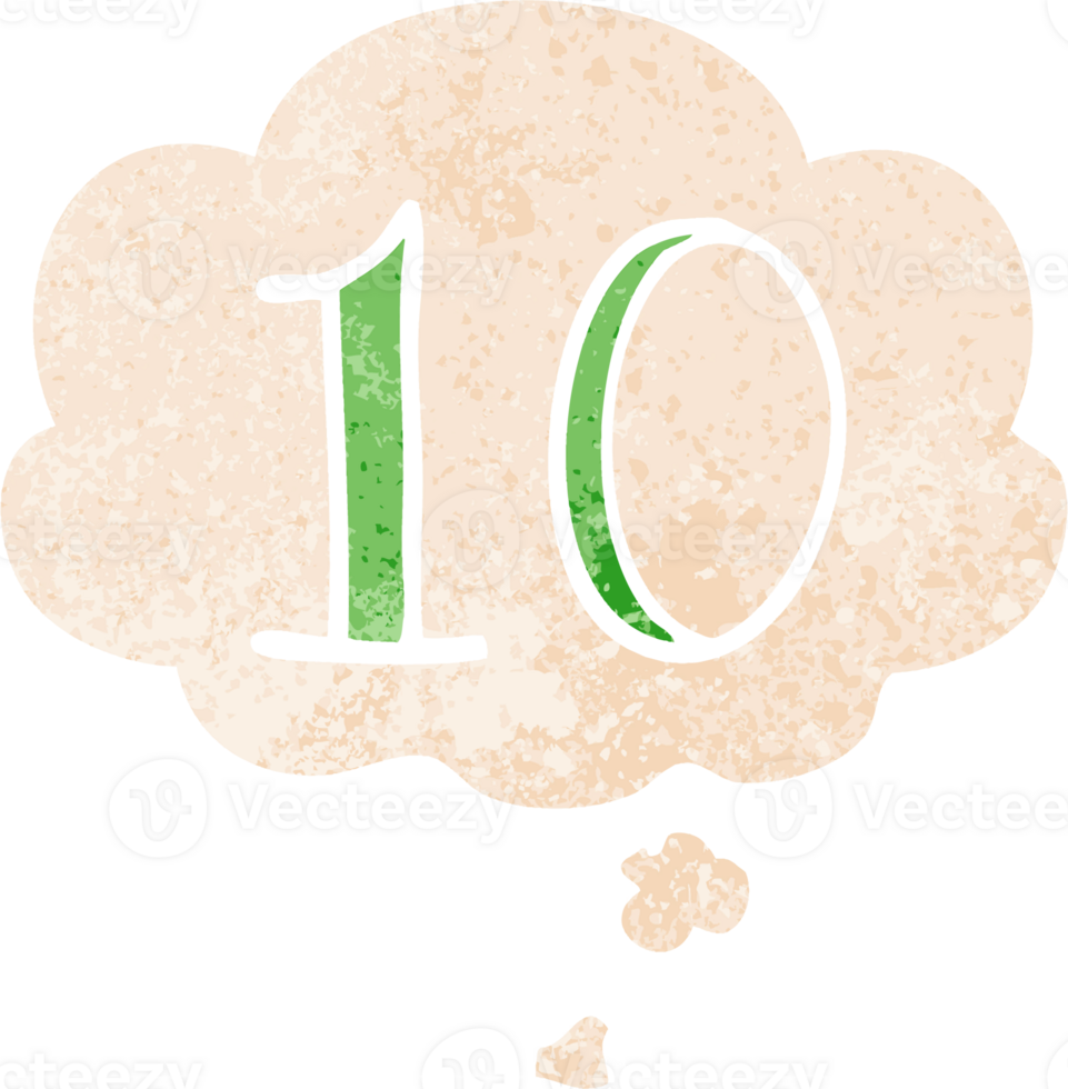 cartoon number 10 with thought bubble in grunge distressed retro textured style png