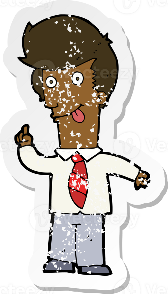 retro distressed sticker of a cartoon office man with crazy idea png