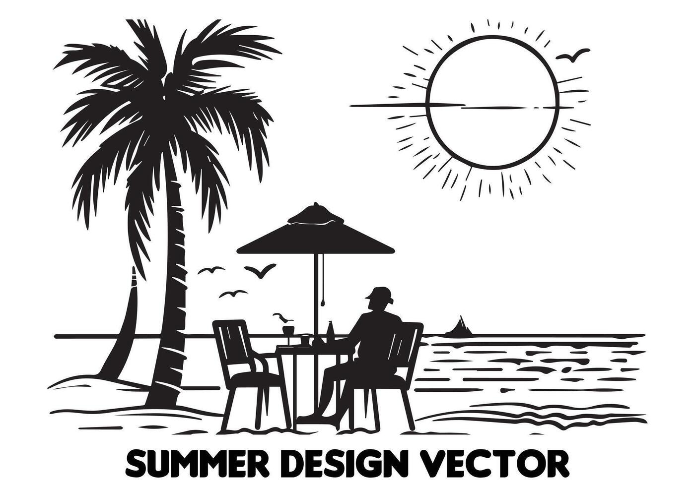 verano diseño palma árbol sentado en silla frente mesa y paraguas hombre playa para impresión en demanda negro negrita sencillo contorno gratis diseño vector