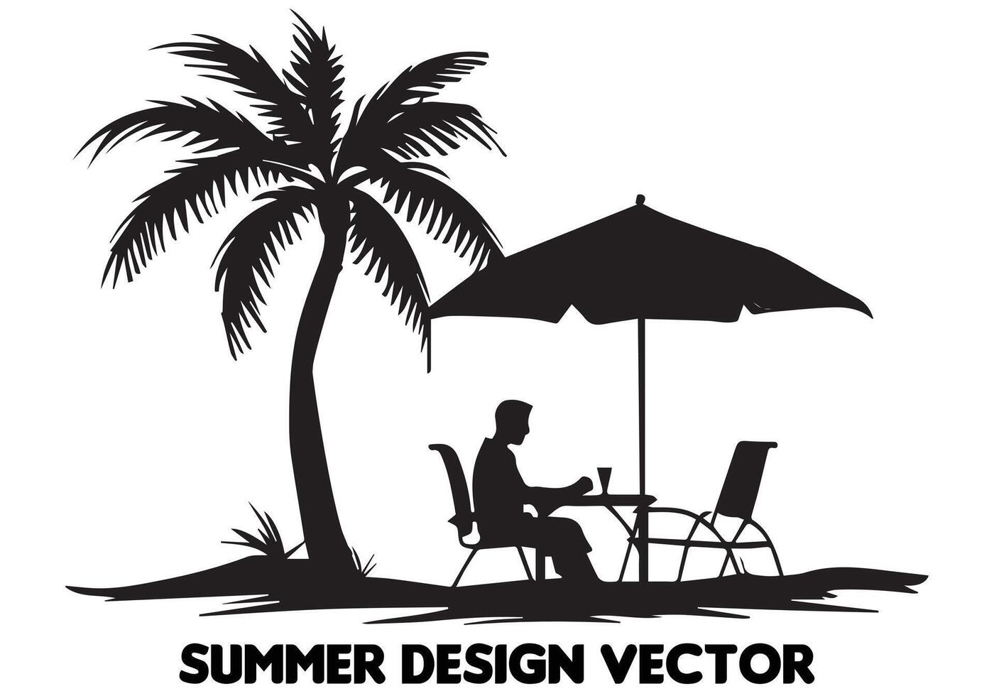 summer design palm tree sitting on chair front table and umbrella man beach for print on demand black bold simple outline free design vector