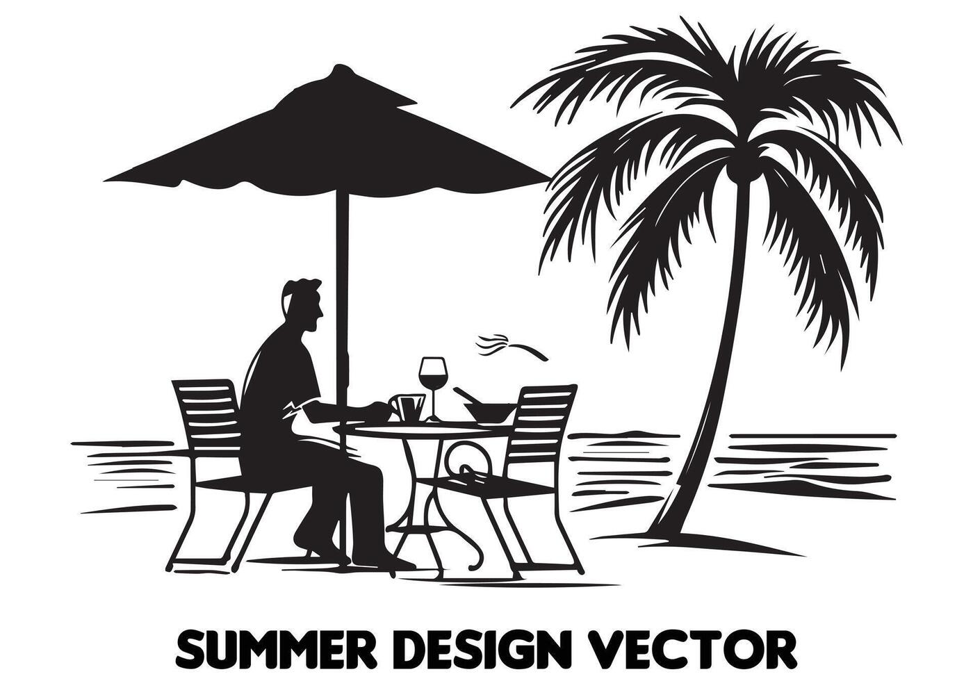 summer design palm tree sitting on chair front table and umbrella man beach for print on demand black bold simple outline free design vector