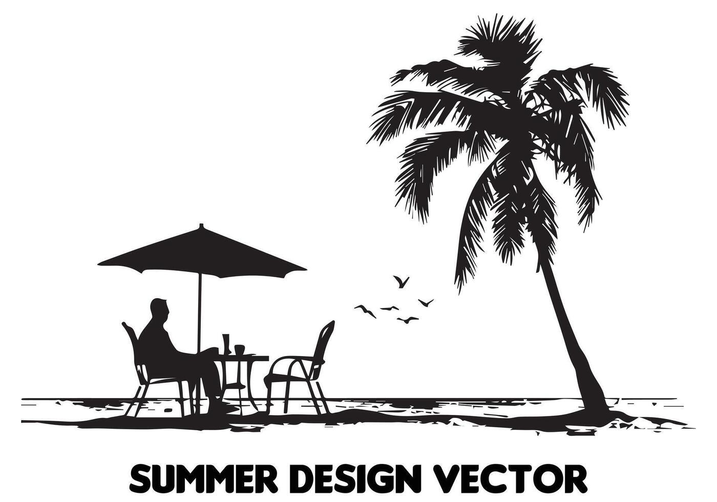 summer design palm tree sitting on chair front table and umbrella man beach for print on demand black bold simple outline free design vector