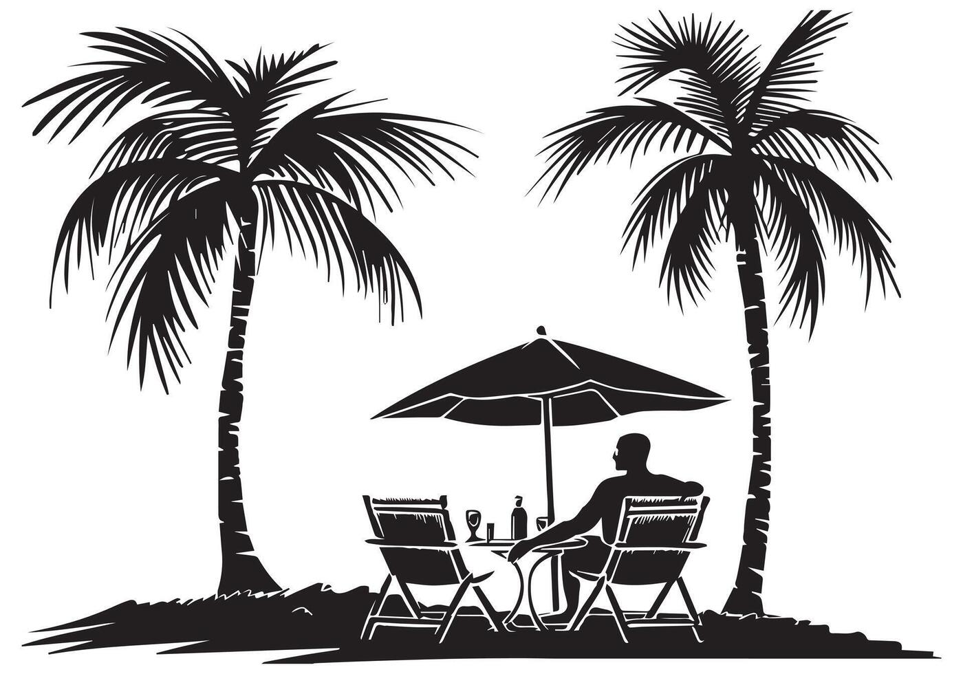 summer design palm tree sitting on chair front table and umbrella man beach for print on demand black bold simple outline on white background free design vector