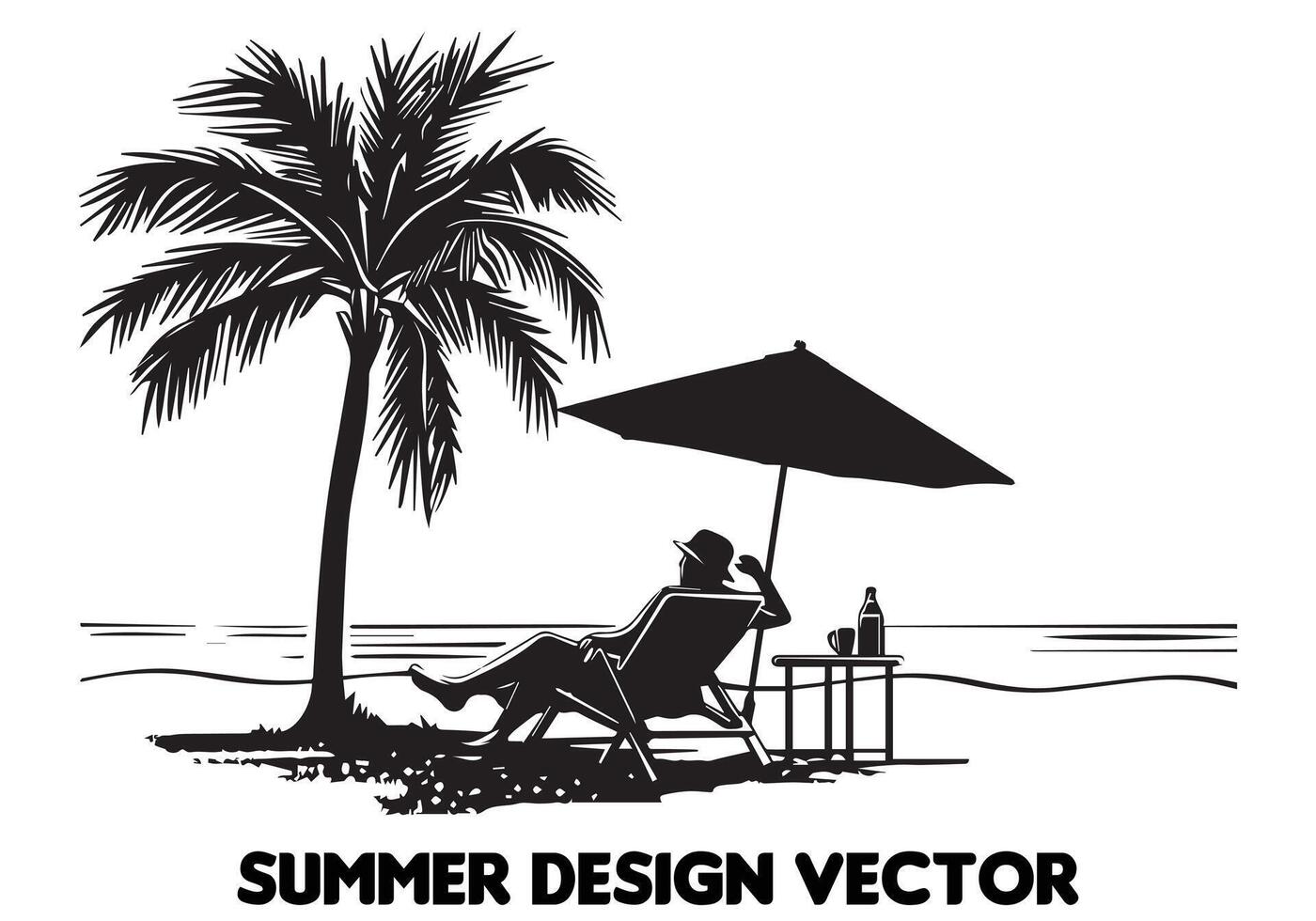 verano diseño palma árbol sentado en silla frente mesa y paraguas hombre playa para impresión en demanda negro negrita sencillo contorno en blanco antecedentes gratis diseño vector