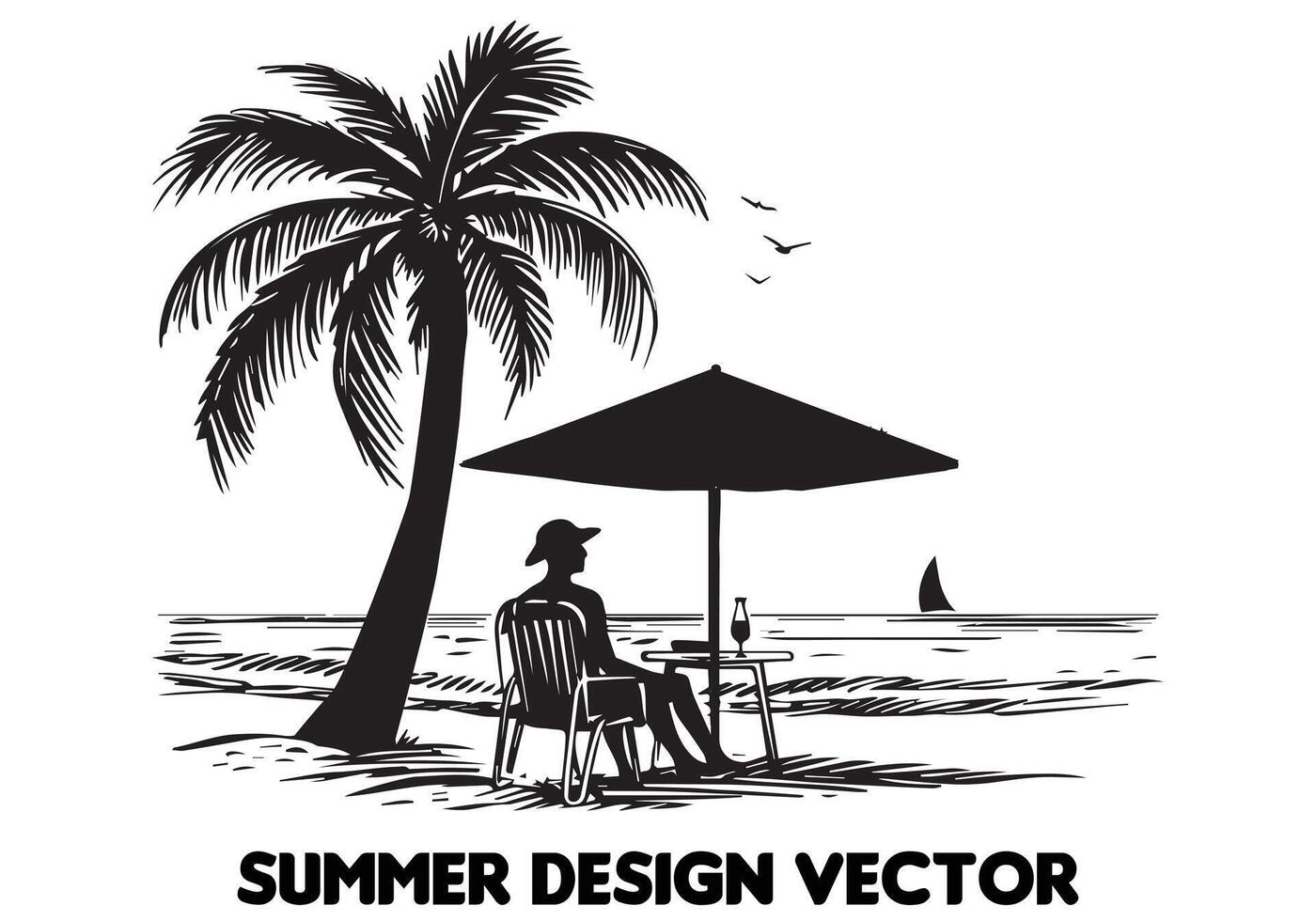 summer design palm tree sitting on chair front table and umbrella man beach for print on demand black bold simple outline free design vector