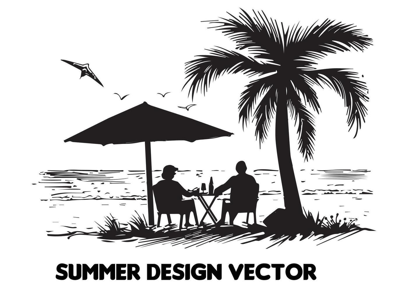 summer design palm tree sitting on chair front table and umbrella man free design vector