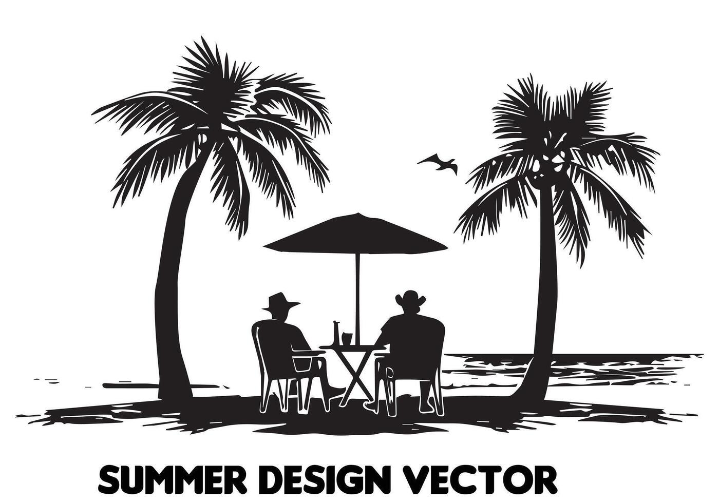 summer design palm tree sitting on chair front table and umbrella man beach for print on demand black bold simple outline on white background free design vector