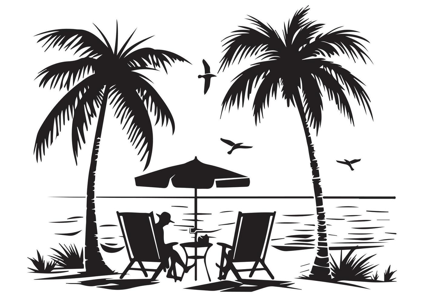 summer design palm tree sitting on chair front table and umbrella man free design vector