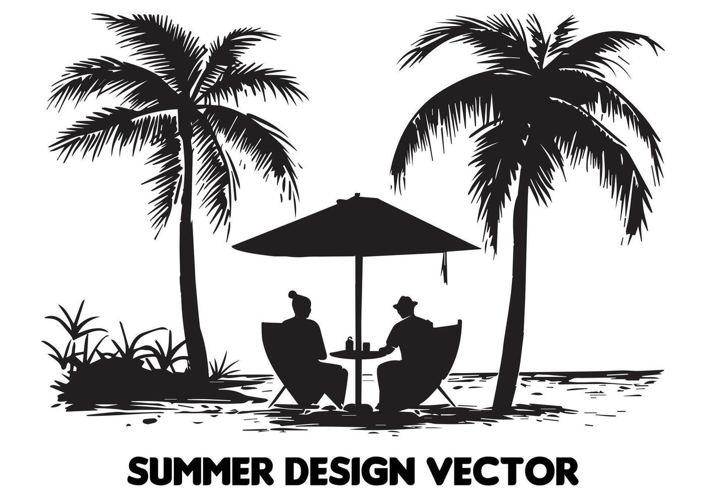 verano diseño palma árbol sentado en silla frente mesa y paraguas hombre playa para impresión en demanda negro negrita sencillo contorno en blanco antecedentes gratis diseño vector