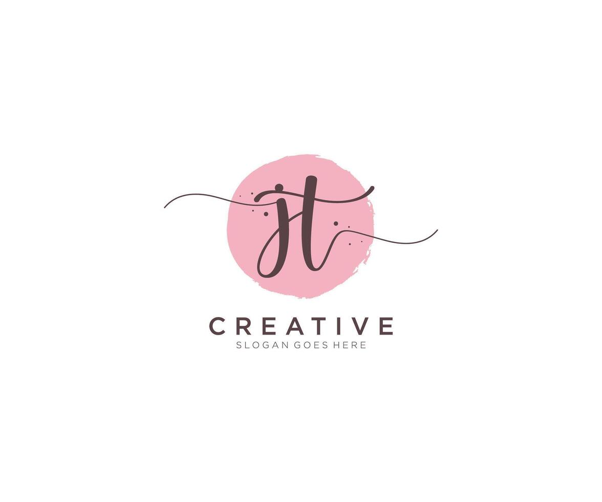 initial JT Feminine logo beauty monogram and elegant logo design, handwriting logo of initial signature, wedding, fashion, floral and botanical with creative template. vector