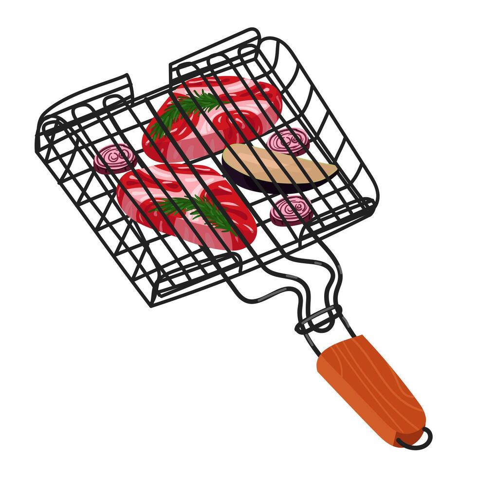 illustration of a grill grill with fresh meat steaks, vegetables, seasoning, cooking outdoors. Ideal for use in promotional materials. Isolated illustration of a barbecue. grilling techniques vector