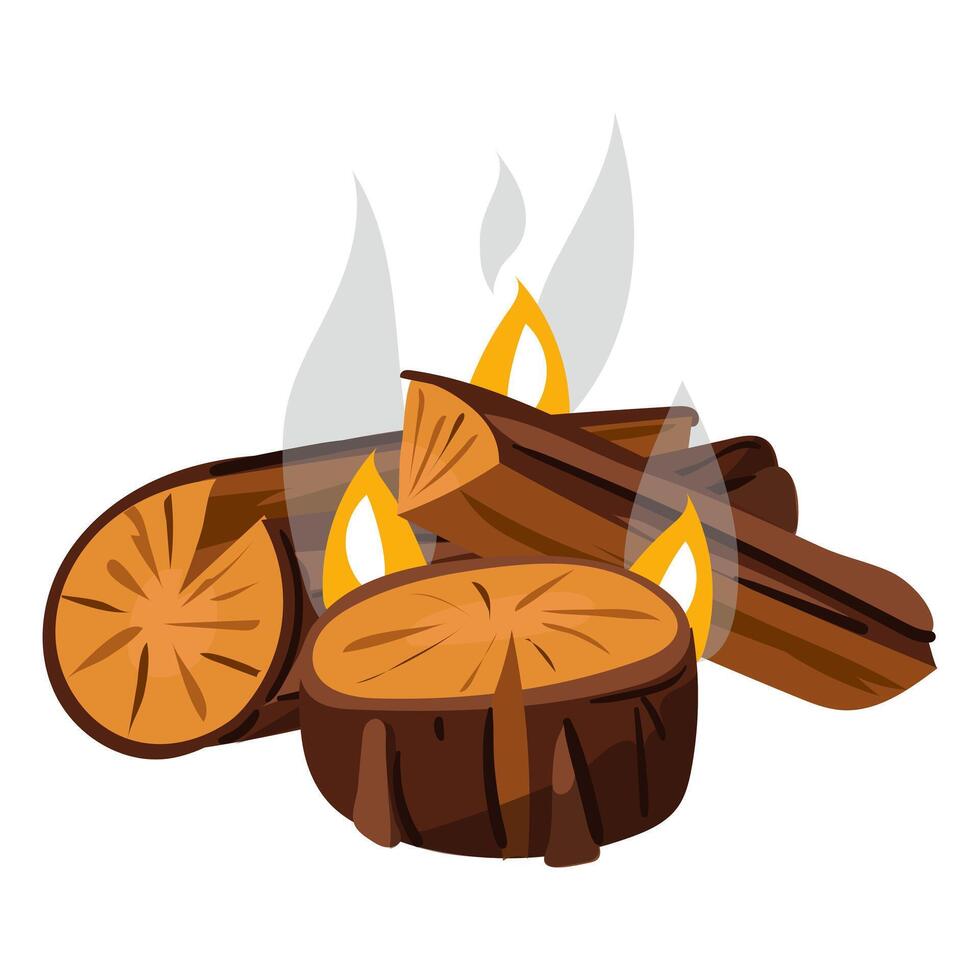 ilustración representando apilado de madera registros en fuego. utilizar para al aire libre actividades. un aislado árbol, un hoguera. un fuego con fumar, un fuente de encendido. el hoguera es aislado. leña atrapado en fuego vector